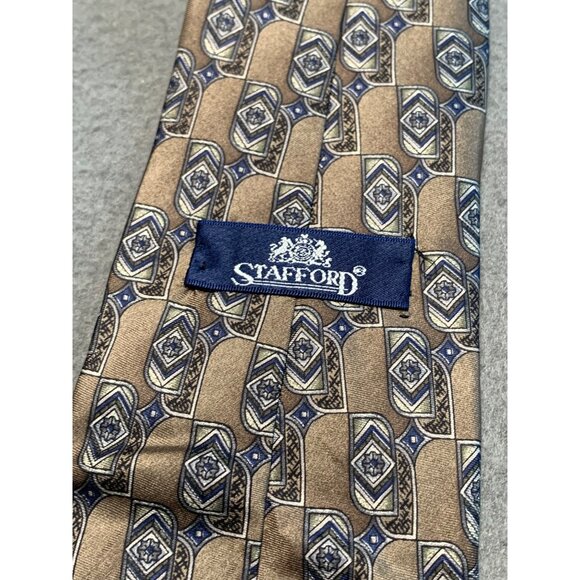 Stafford Mens Silk Tie Brown Blue Geometric Print Made in USA - Picture 3 of 5